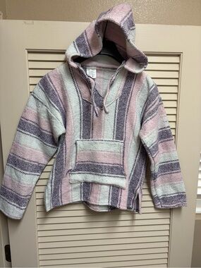 Vel-Mex Baja Hoodie Drug Rug Pullover Pink Purple Striped Small Boho Skater